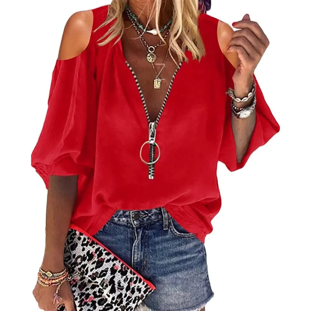 Beotyshow Womens V-Neck Lantern Sleeve Blouse Zipper Design Loose Casual Top Shirts