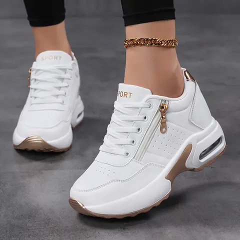 Sosenfer Women's White Low-Top Casual Athletic Sneakers for Women - 2026 JH.1012 Zipper-Closure Shoes with 1-Second Fastening, Non-Slip, Waterproof, Wear-Resistant, Comfortable, Breathable, Height-Up Platform Sole for Daily Sports & Fashion Streetwear