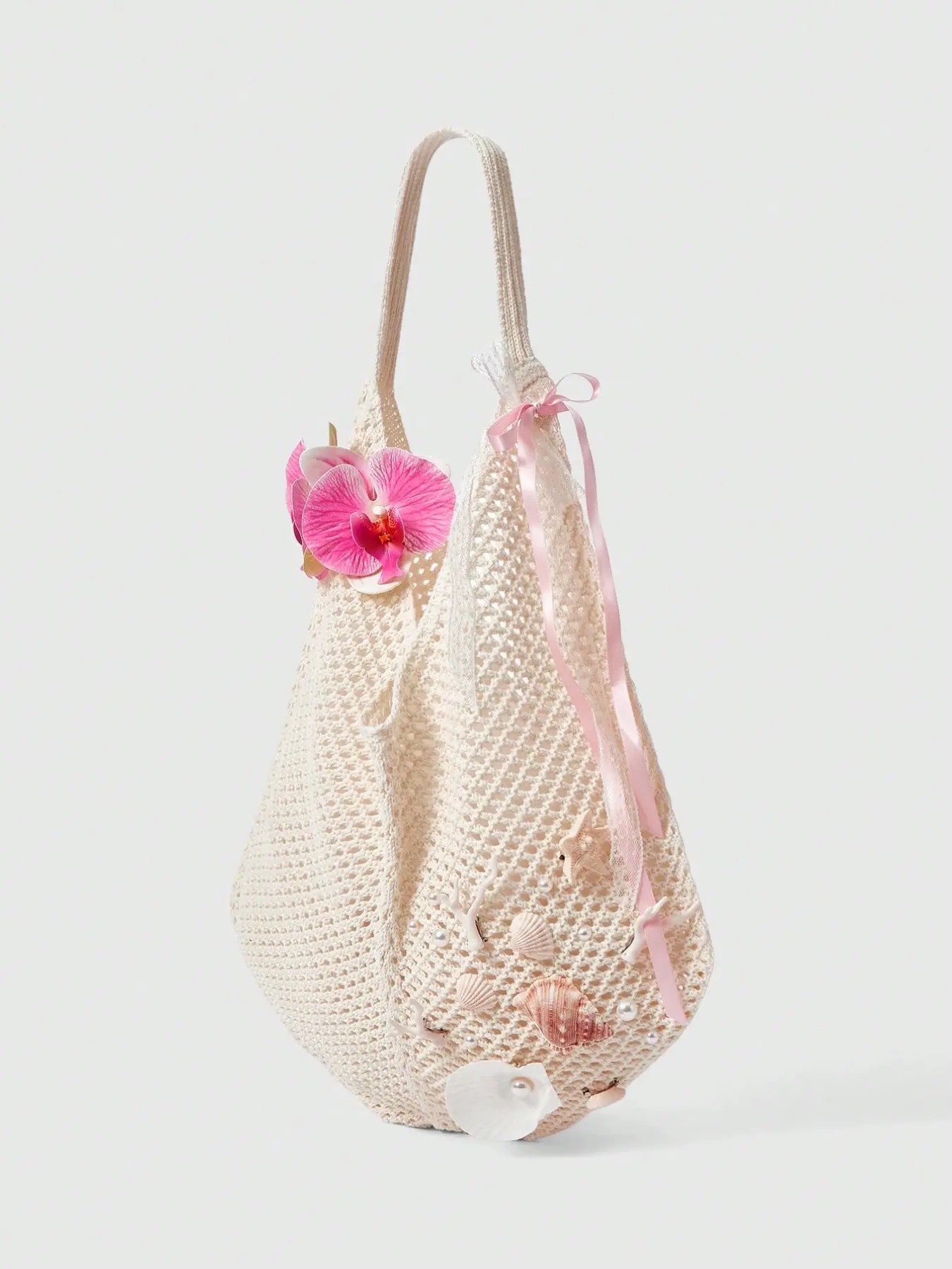 Boho Tropical Flower Crossbody Bag, Handwoven Hooked Shoulder Bag, Large Capacity, Star Shell Coral Pearl Design, Perfect for Travel & Shopping, Hobo Shoulder Bags, Embellished Shoulder Bag, Crossbody Fashion Bag