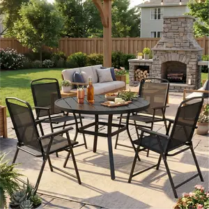 Arlopu 3/5 Pcs Patio Dining Set, Outdoor Patio Furniture Set, Round Metal Patio Table with Adjustable Umbrella Hole & 2/4 Folding Chairs, All Weather for Deck, Garden, Pool, Yard & Camping