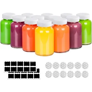 12 Pack 4 OZ Glass Shot Bottles with Caps, 120 ML Empty Wellness Juice Shot Bottles,  Clear Glass Jars with Lids for Juice, Shots and Homemade Beverages