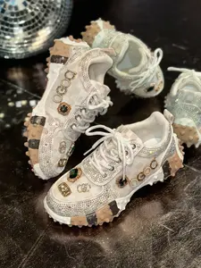 European Station Trendy Rhinestone Dad Shoes 2026 New Pearl Embellished Chunky Heel Platform Sneakers, Fashion Footwear
