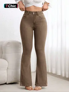 Women's 2026 New Flared Denim Jeans Elegant Flare Leg Soft Elastic Comfort Washed Craft Coffee Color Long Pants, Fitted Plain Style All Seasons