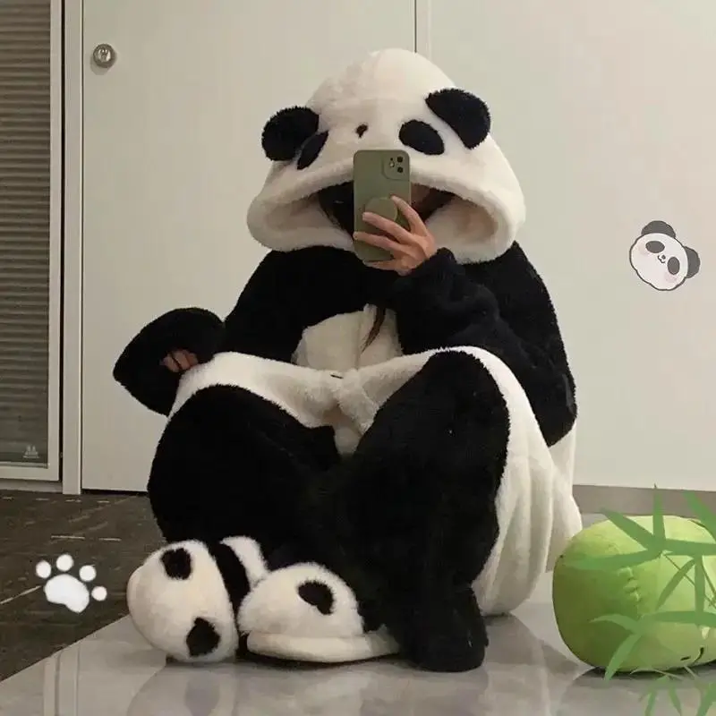 Unisex Anime Panda Robe and Pants Set, Long Sleeve Winter Cosplay Loungewear, Adult Animal Sleepwear Jumpsuit for Anime Party (Toys & Hobbies Classic & Novelty Cosplay Costumes)