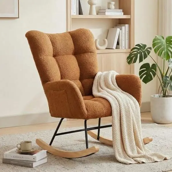 GAOMON Rocking Chair Nursery, Teddy Upholstered Glider Chair with High Backrest, Armrest and Side Pockets, Modern Comfy Accent Armchair Reading Chair for Bedroom, Living Room