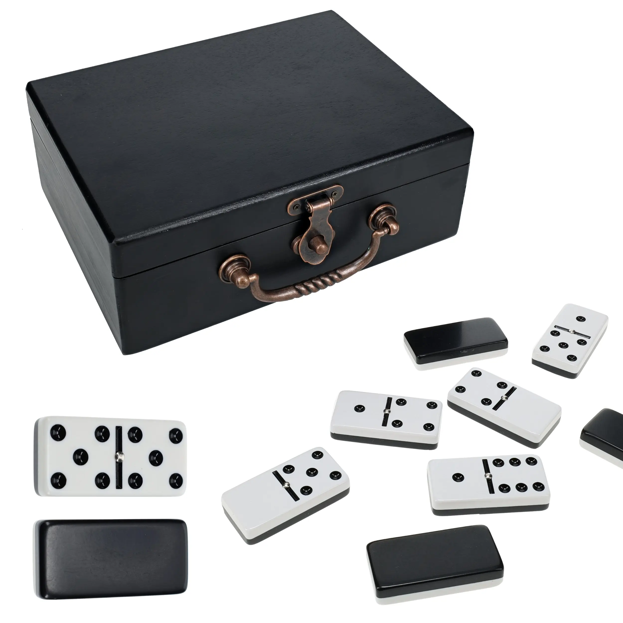 WE Games Double 6 Dominoes, Two-toned Black & White with Spinners in Black Stained Wooden Treasure Box