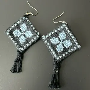Handmade Tatreez Earrings – Made is Palestine Embroidery Earrings by Balata Camp Women Light Blue Cross Stitch