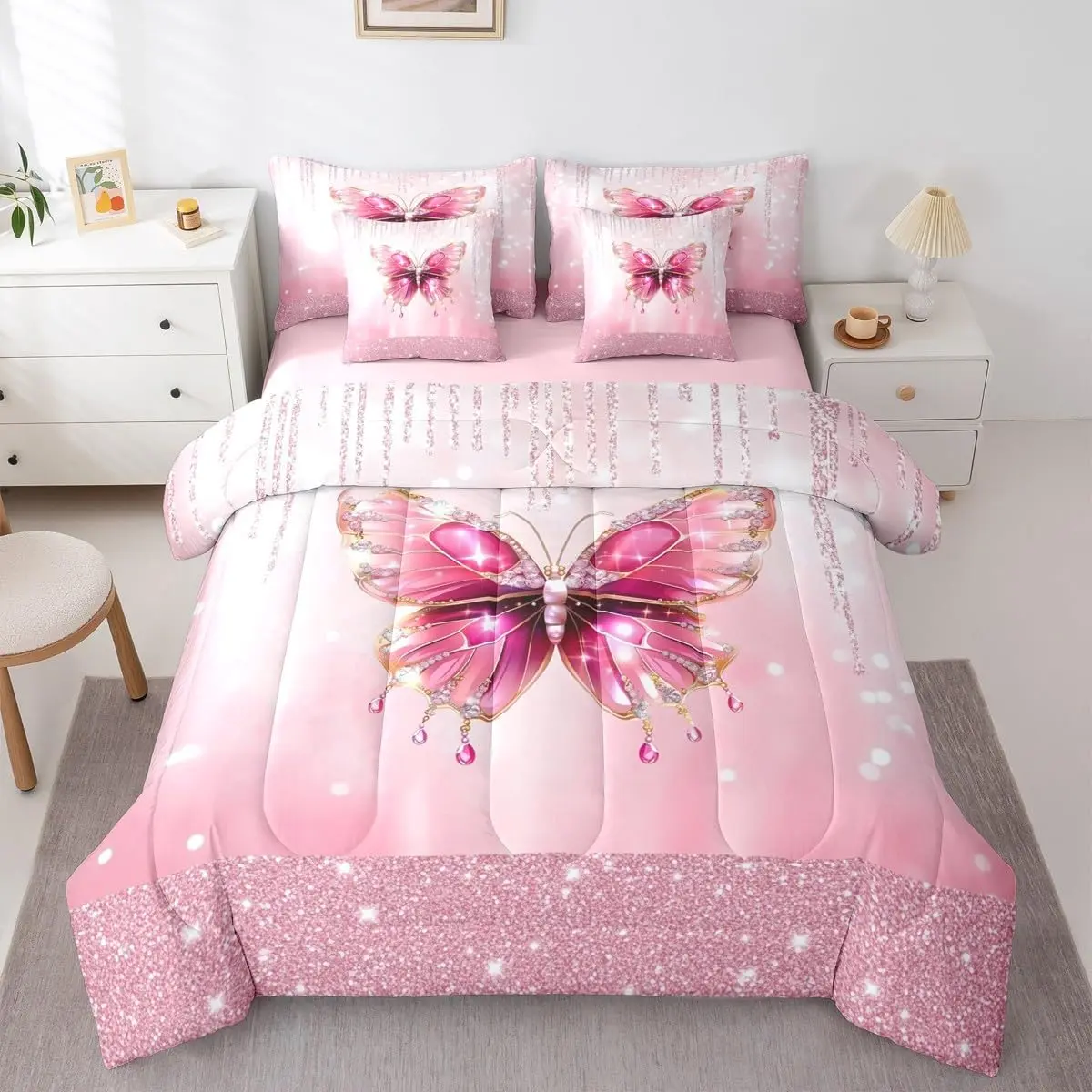 Pink Butterfly Comforter Set with Sheets 7 Piece Dreamy Princess Bed in a Bag Glitter Bedding Set Watercolor Butterflies Bedroom Decor Breathable Soft Microfiber