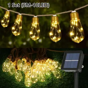 1 set of outdoor solar light string, retro rope hemp solar light, 5 meters 10 lights, 8 lighting modes, warm white and color options, waterproof and durable, suitable for fences, gardens, courtyards, camping atmosphere lights
