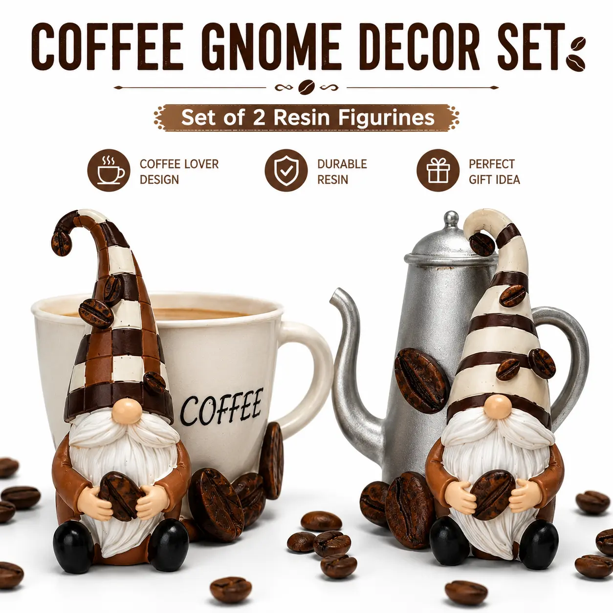 2-Piece Resin Swedish Tomte Gnome Ornament Set - Collectible Home Decor Figurines Decor, Coffee Bar Station Accent, Interior Room Decoration Items, Tiered Tray Display Gift for Adults