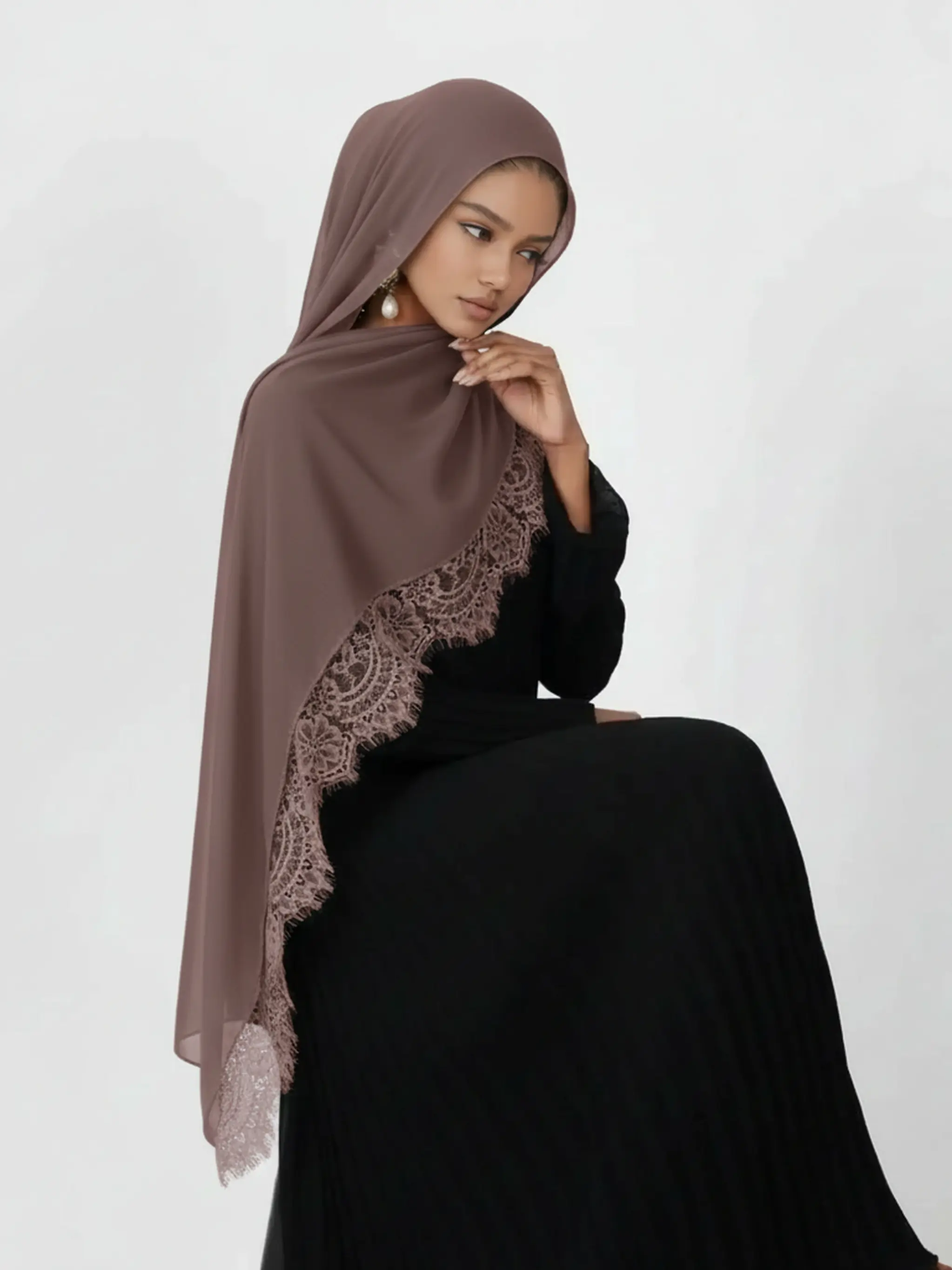 Women's Long Lace Edge Scarf, Hijab, For Muslim, Modesty, Breathable Outdoor Shawl Wrap, Casual Fitted Design, All over Print, Daily Wear Accessory