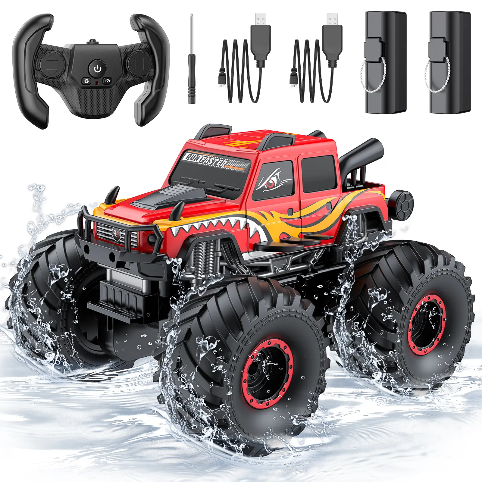 Waterproof 2.4GHz Remote Control Car Toys 1/18 Scale RC Monster Truck 4X4 Off-Road 40-Minute Playtime USB Rechargeable Toys for Boys 6+