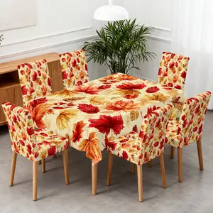 4/5/6/7pcs Autumn Leaf Harmony Chair Cover And Tablecloth Set, Easy Care & Setup, Fits Dining Room, Camping, Indoor Dining, Outdoor Dining, Kitchen, Stylish Decor, All Seasons & Gift, Dining Chair Slipcover