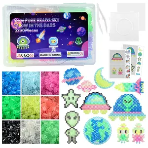 2200pcs 5mm Glow in The Dark Fuse Beads Kit for Kids, Iron Beads Set , Space Alien Melting Beads Kit with Pegboard for Kids Crafts Decorations Birthday Christmas Gifts