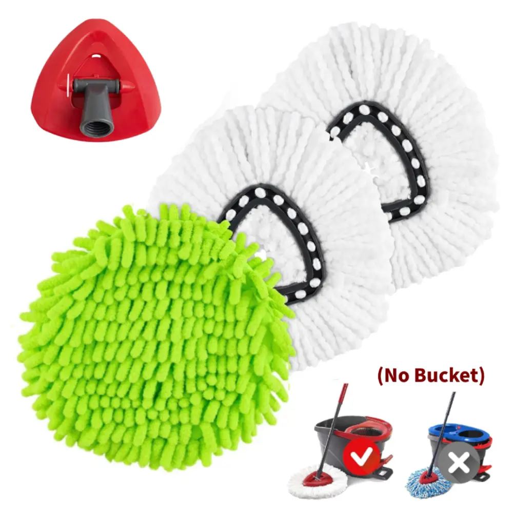 summerwins Washable Triangular Microfiber Spin Mop Replacement Heads Set - Set Includes Scrub Brush & Chenille Pad to Scrub Tough Stains, Compatible with 1-Tank EasyWring Spin-Mop Systems, for Floor/Window Cleaning, Triangle Mop Heads, Car Cleaning