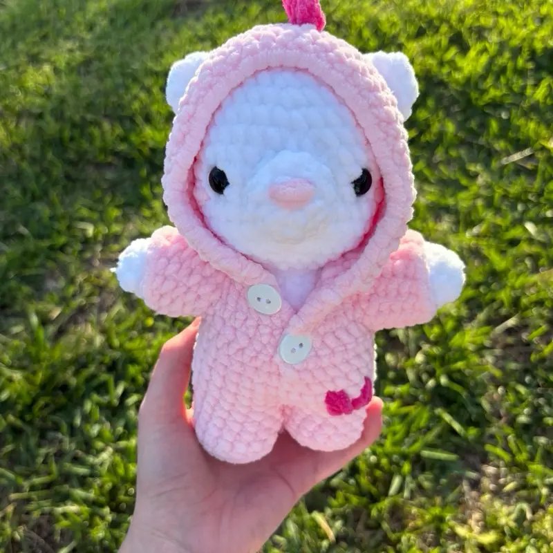 Handmade Crochet Polar Bear Plushie in Dinosaur Onesie, Kawaii Collectible, Handmade Gifts