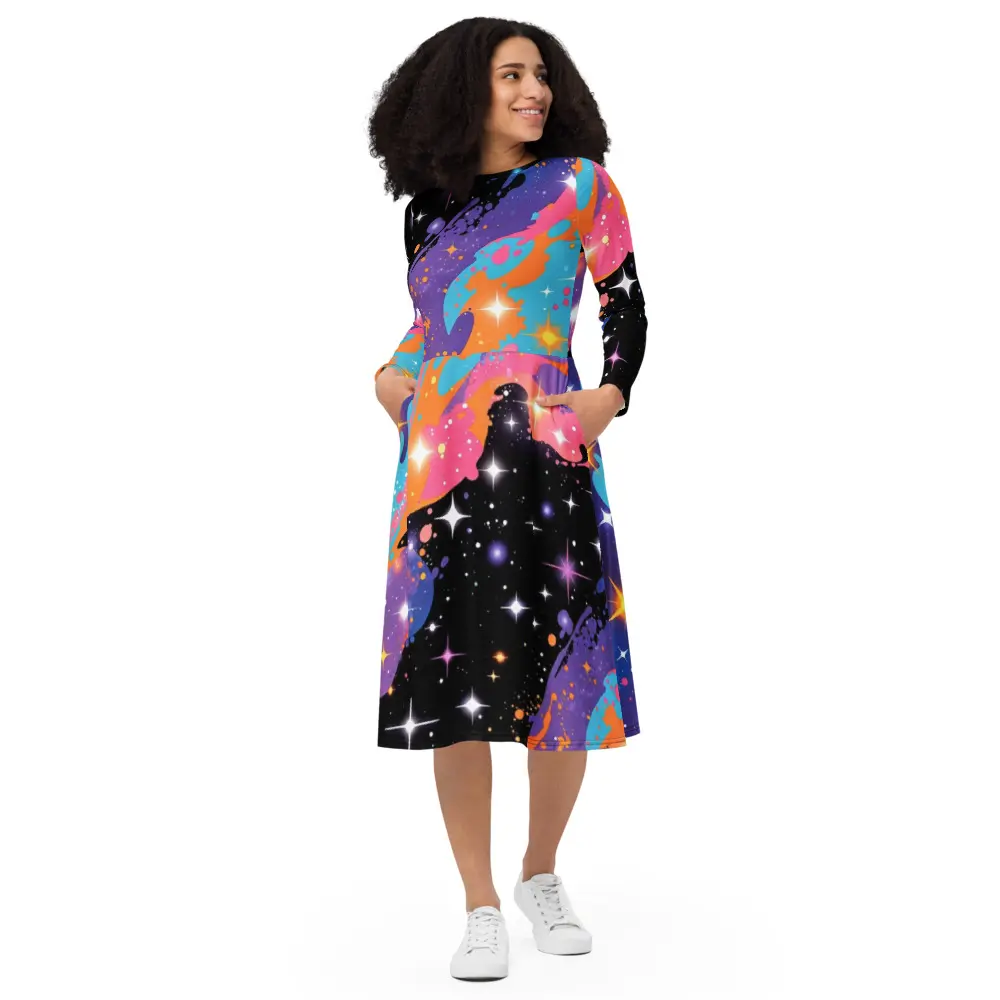 Cosmic Galaxy Swirl Midi Dress, Pink Purple Starry Sky Long Sleeve Dress, Colorful Space Skater Dress, A-Line Dress with Pockets, Trendy Fall Dress, Casual Everyday Outfit, Gift for Her