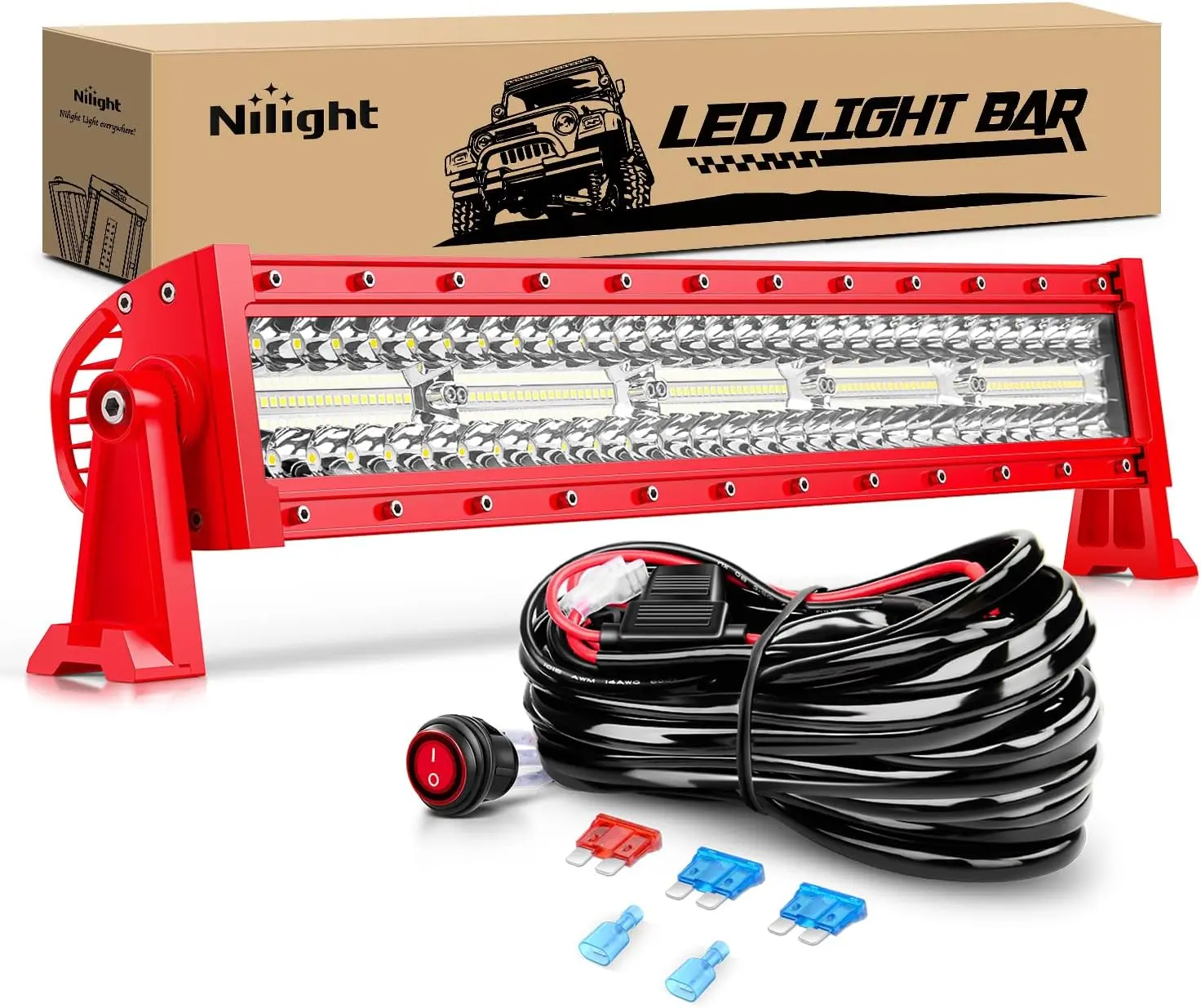 Nilight 22in 480W Aluminum Alloy LED Vehicle Light Bar - Triple Row Spot-Flood Combo, Red Shell, Wiring Harness Kit Included, Off-Road Lighting Accessory for Trucks, SUVs