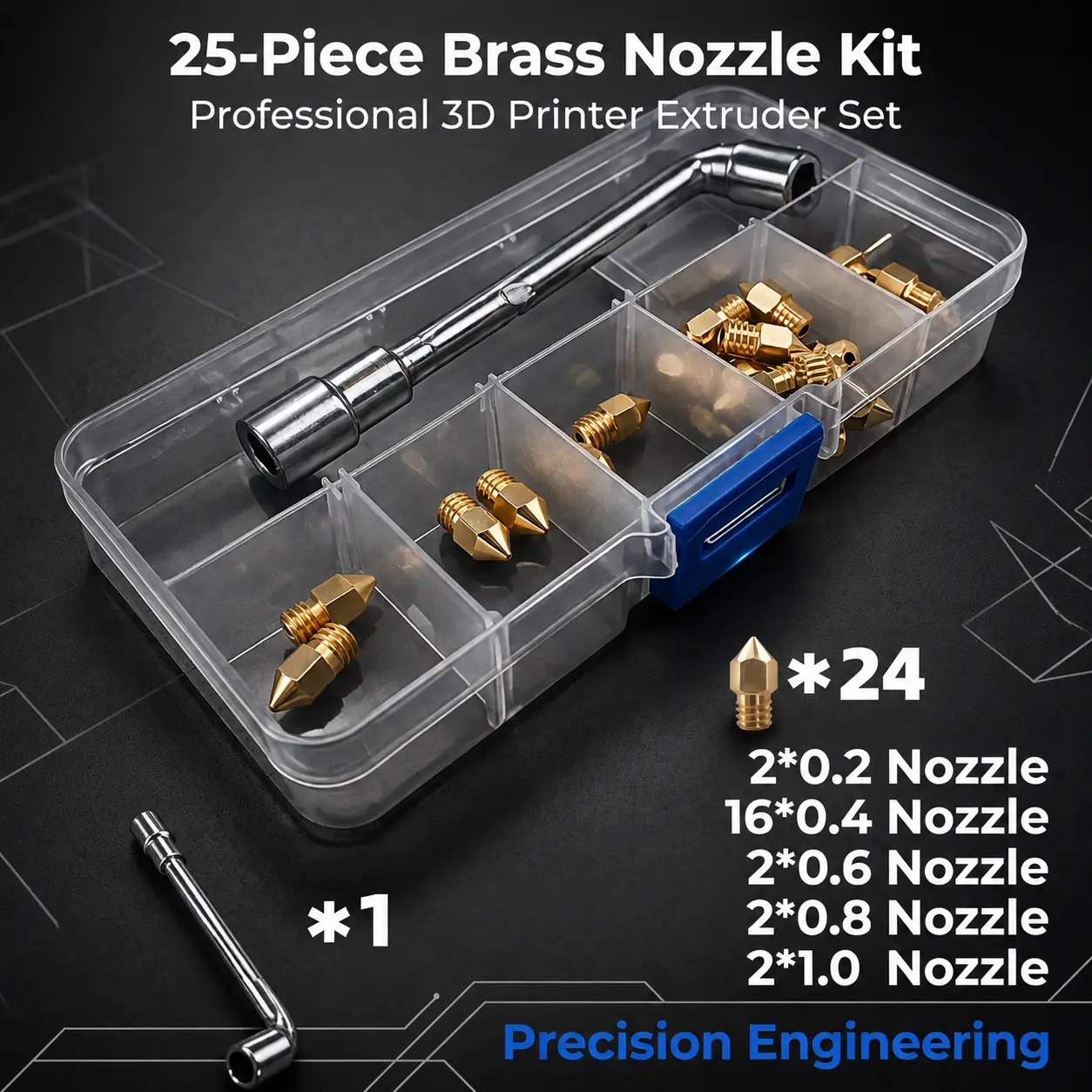 MK8 24 pcs 3D Printer Brass Nozzles Extruder and wrench for 3D Printer 0.2mm 0.4mm 0.6mm 0.8mm 1.0mm Printer Nozzle Kit