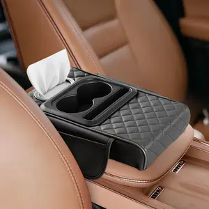 5-In-1 Car Armrest Pad, Multi-Functional PVC Leather Console Cushion, Universal Armrest Box Cover, Cup Holder, Phone Slot, Tissue Slot, 2 Storage Pouches