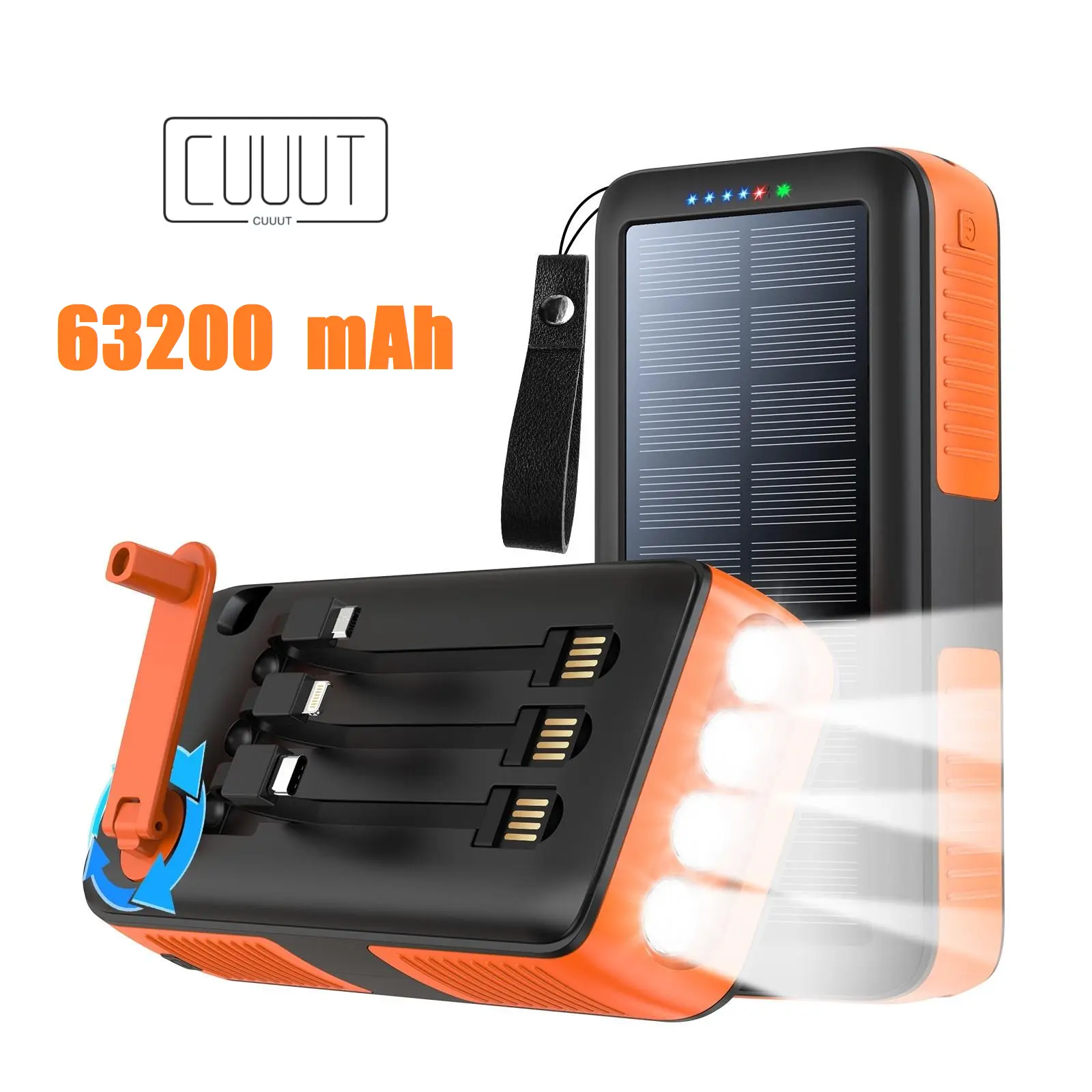 CUUUT portable solar power bank 63200mAh, light and hand cranked, unlimited battery life. Self generating large capacity power bank, providing all-weather outdoor power supply. Dual source self charging, fearless of power outages