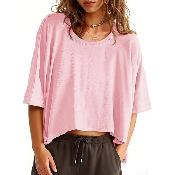 Tankaneo Womens Oversized T-Shirts Cropped Summer Casual Short Sleeve Loose Fit Tee Tops