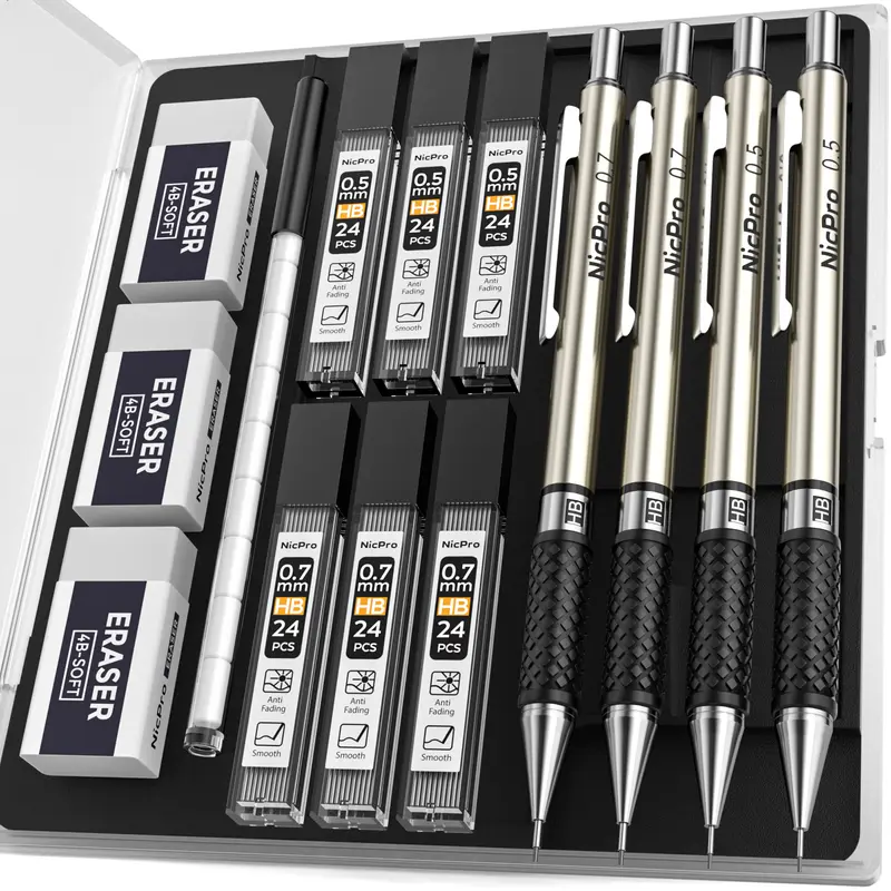 Nicpro Art Mechanical Pencil Set in Case, 4 PCS Metal Drafting Pencil 0.5 mm & 0.7 mm, Lead Pencil with 6 Tube HB Lead Refills, 3 Erasers, 9 PCS Eraser Refills for Artist Writing, Drawing, Sketching
