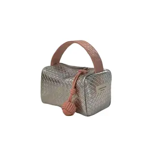 Original Silver Pink Color Block Woven Pattern New Handbag Small Bag Portable Makeup Bag Storage Bag Organizer Bag