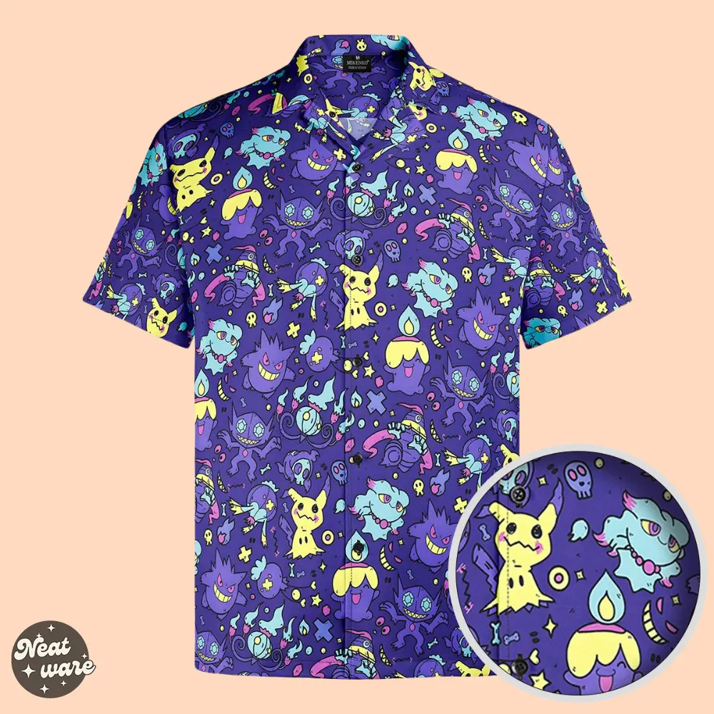 Pikachu And Gengar Muma Hawaiian Shirt With Ghost Type Pokemon - Summer Vacation Gift for men, him - Menswear, Collar, Fabric, Loose, Wood Button, Short Sleeve Soft Casual