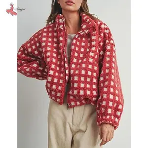 Women's Fleece Jacket Fashion Long Sleeve Stand Collar Zip Up Checkered Jacket Fall Winter Outwear