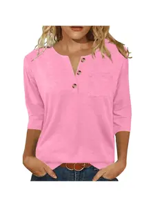 Women's Soft Casual T-Shirt Solid Color Button V Neck Three Quarter Sleeves Loose Minimalist Blouse for Daily Work Dates Leisure Fashionable Top