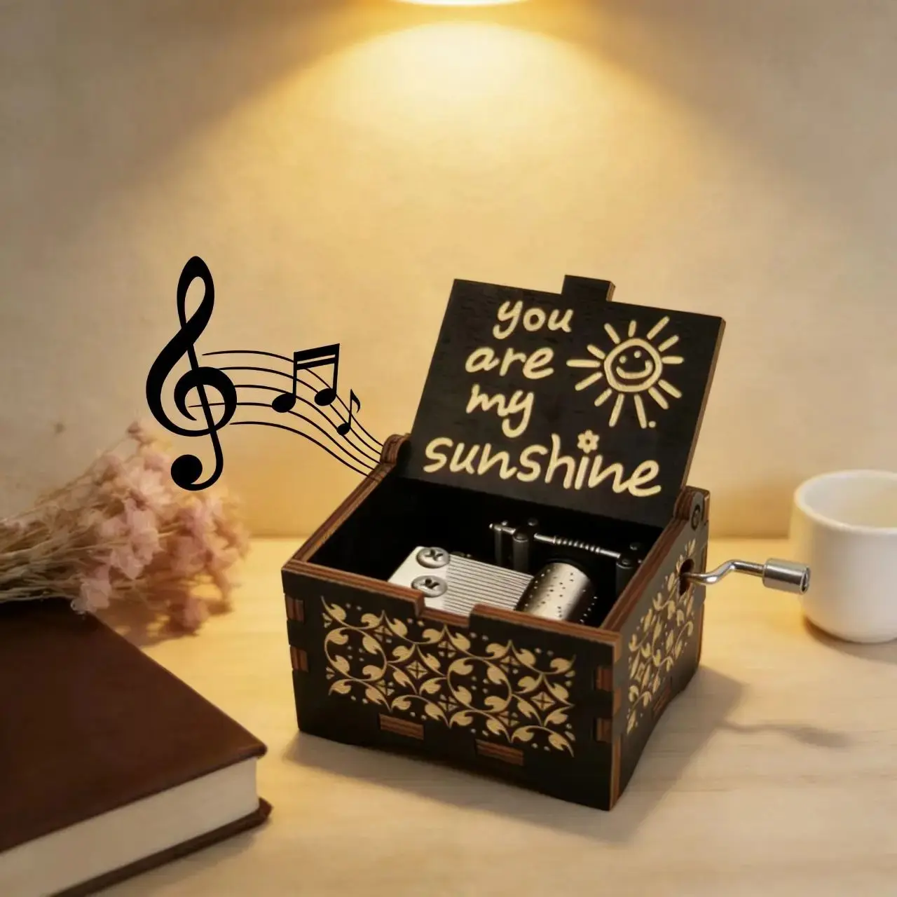 Hand-cranked wooden music box playing "You Are My Sunshine"—a vintage-style gift perfect for couples, partners, and children, creating a cozy atmosphere for quality family time.