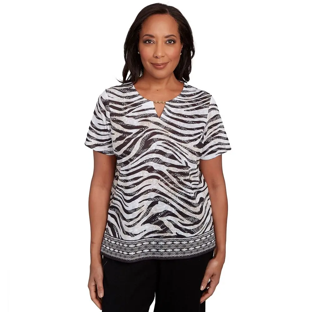 Alfred Dunner Women's Beaded Split Neck Animal Print Top Black/Tan Size L