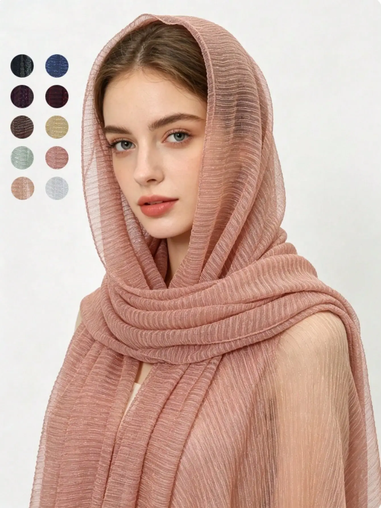 1pc Shimmer Crinkle Long Hijab Shawl, Women Elegant Solid Sparkly Muslim Headscarf Wrap For Abaya Holiday Outfitss