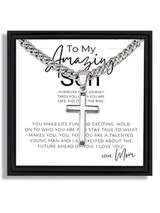 1 piece silver cross pendant Cuban link chain necklace suitable for Mother's Day gift to son with blessing card and box
