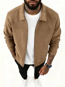 Men's Casual Lapel Jacket, Fashionable Simple Business Outerwear, Zipper Closure, Faux Suede Fabric, Spring & Fall, Daily Wear