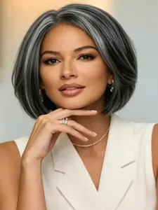 Mixed Black Grey Bob Wig Side Part Short Straight Layered Bob Wigs for Women Natural Hairline Realistic Synthetic Fiber for Daily Party Wig