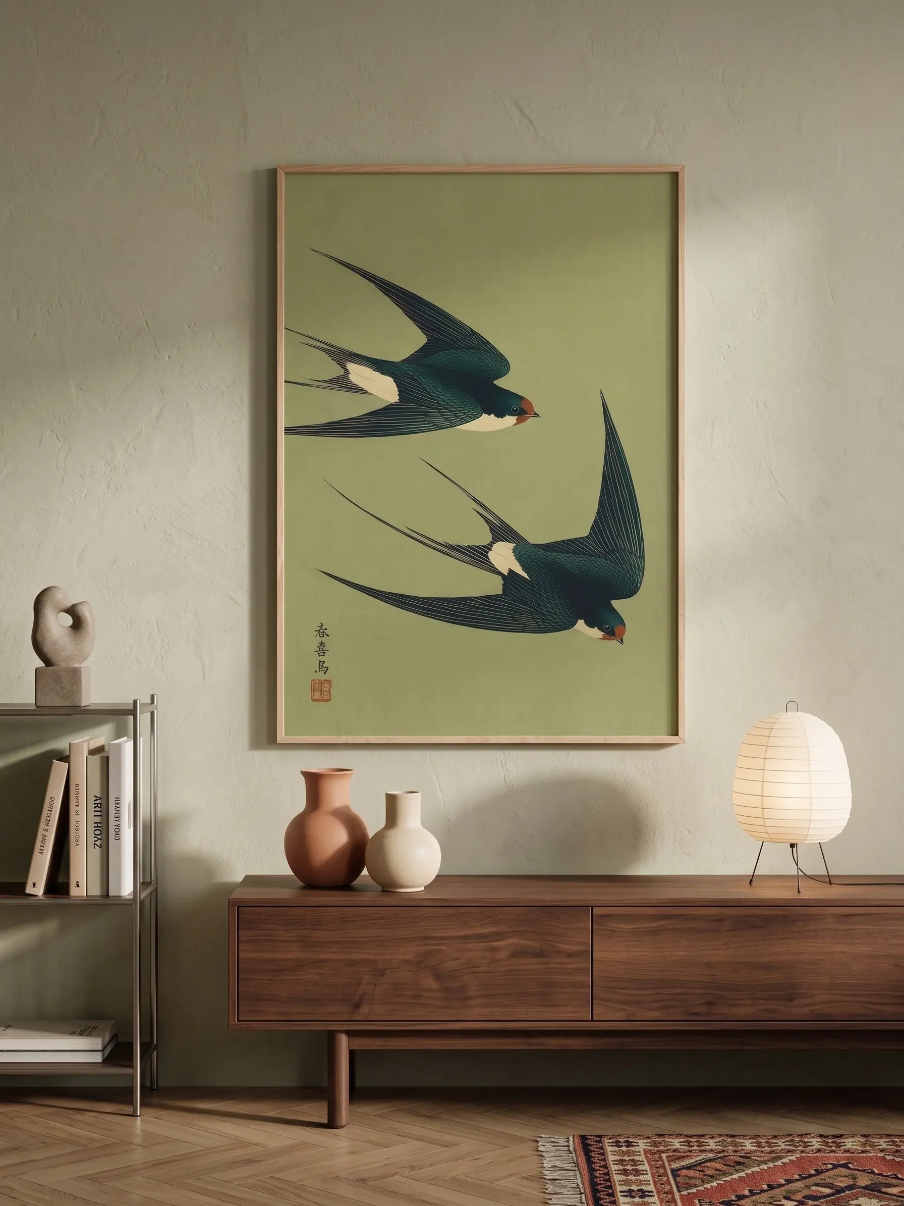 Vintage Swallow Bird Poster, Retro Flying Bird Wall Art, Japanese Japandi Nature Print, Traditional Green Decor | Unframed