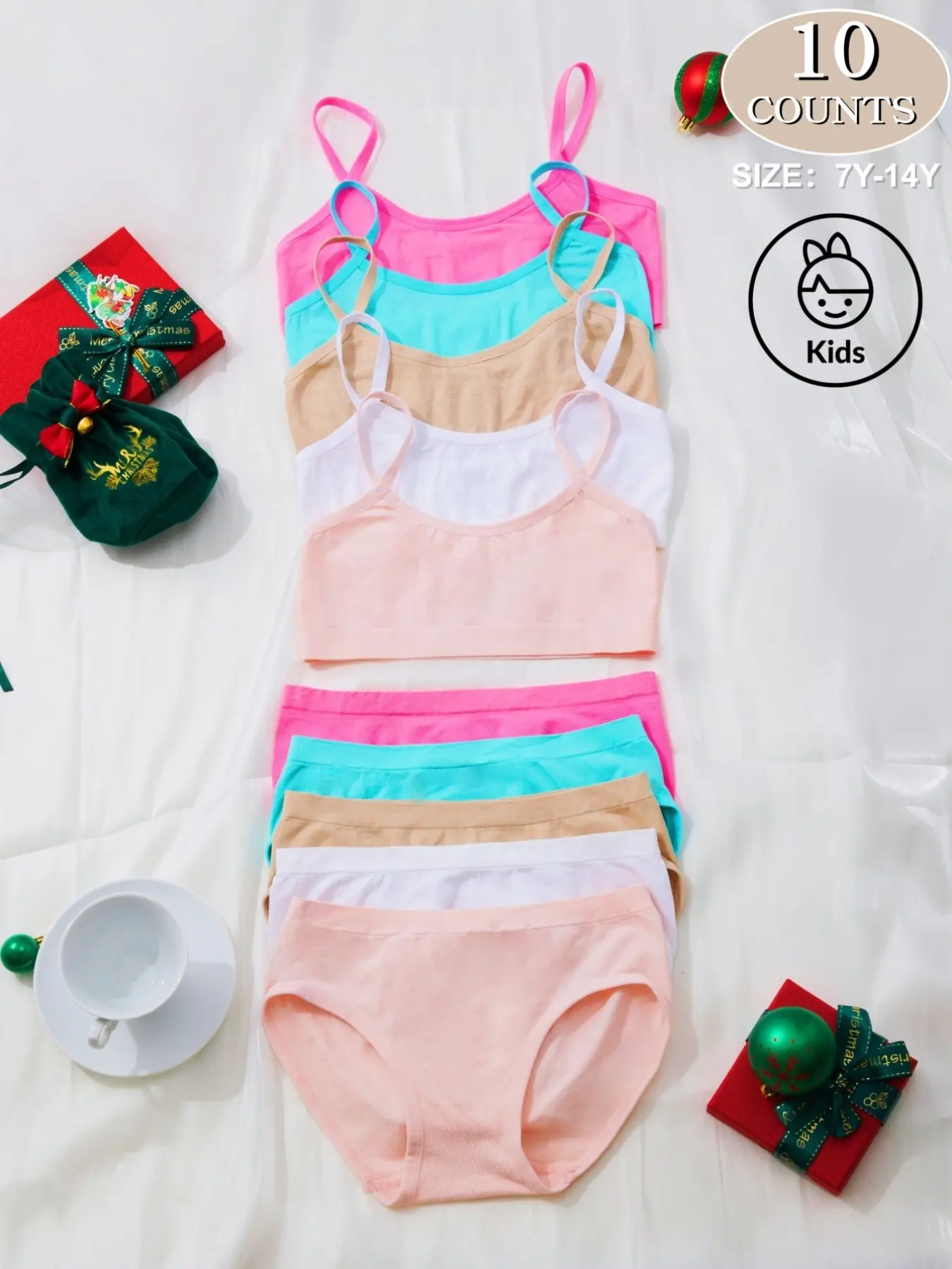 2/6/8/10-Piece Cute Girls Youth Underwear Inner Wear Seamless Tank Top Bra + Triangle Panty Set, Simple Basic Solid Color Casual, Comfortable for Ages 7-14, All Seasons