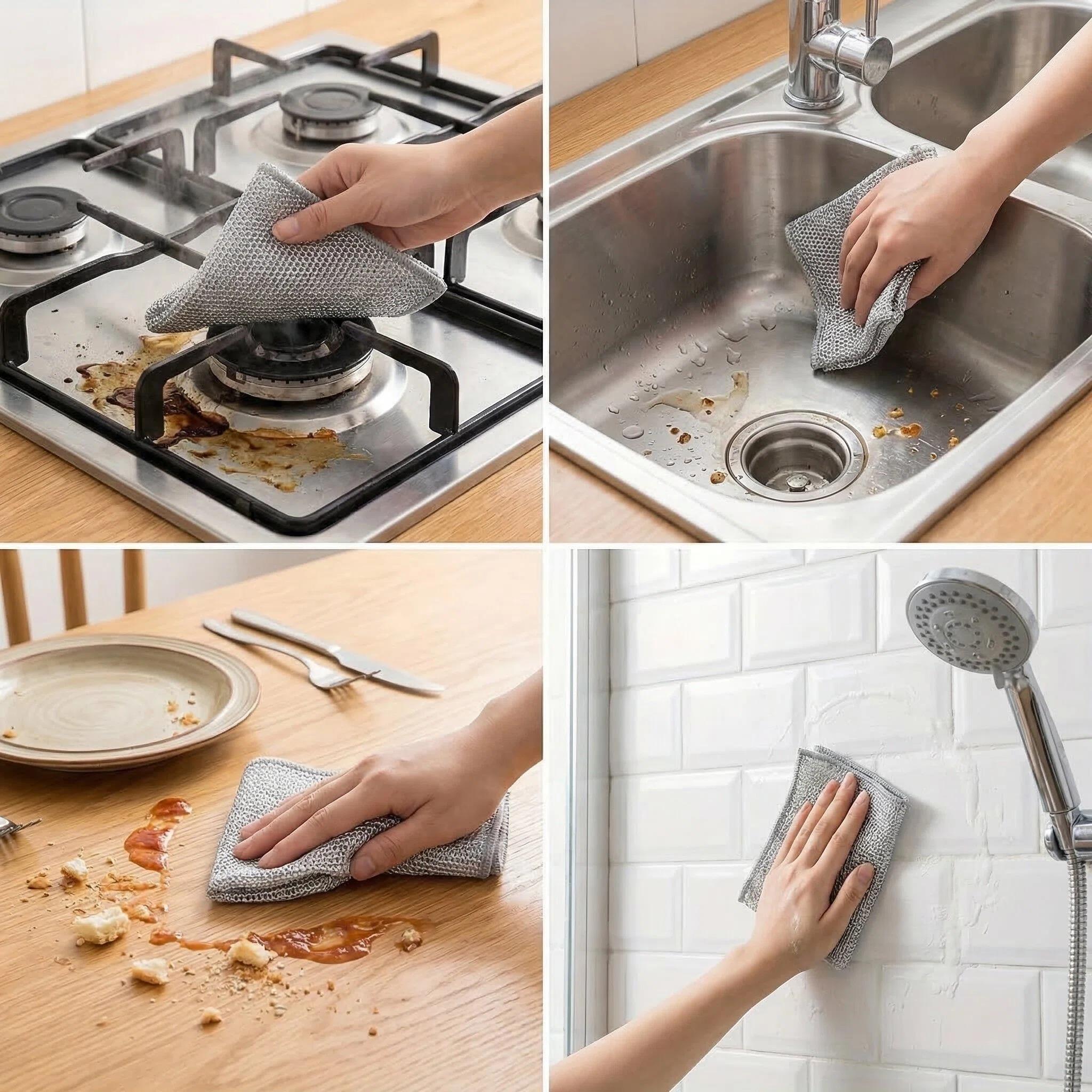 50PCS Thickened Double Layer Silver Wire Cleaning Cloths - Fast Stubborn Stain Cleaning, Scratch Proof for Kitchen, Bathroom, Tiles, Marble Countertops  Reusable Non-Scratch Dishwashing Rags