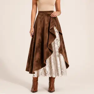 Western Chic Double Layer Ruffle Maxi Skirt - Suede & Lace Patchwork High Waisted A-Line Skirt