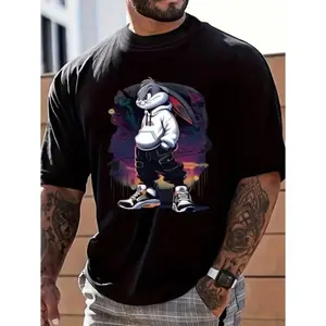 Men's Fashion Domineering Rabbit Print Round Neck Short Sleeve Daily Casual Popular T-Shirt Made in USA