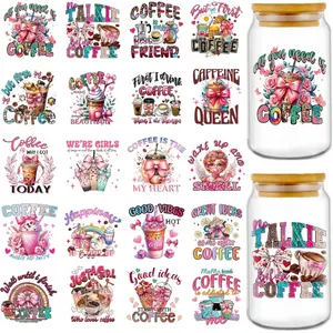 Coffee UV DTF Cup Wrap - 20 Sheets Pink UV DTF Wraps for 16 oz Glass Cups, Cute Drinking Cup Decals for Water Botters, Waterproof Rub on Transfer Stickers, DIY Crafts, Custom Decal