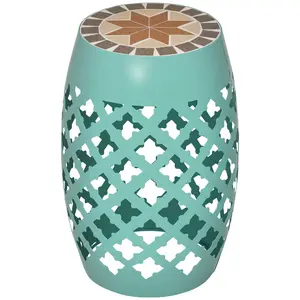 12" Patio Round Side Table Outdoor Stool For Living Room Or Porch Drum Style With Hollow Carved Design Easy Wipe Clean Steel Frame