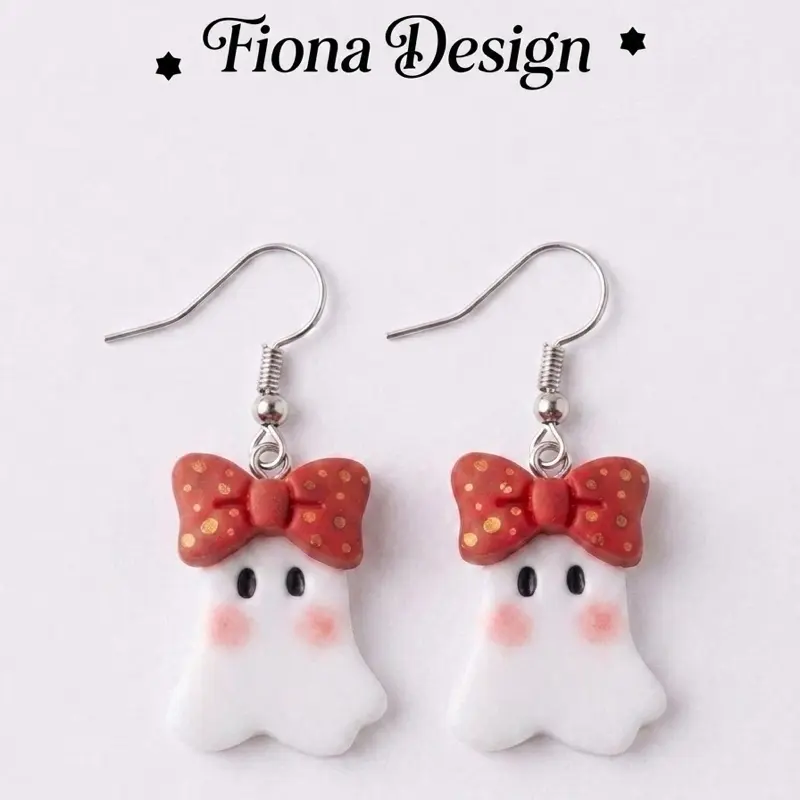 Handmade Bow-Adorned Ghost Polymer Clay Earrings, Lightweight, Hypoallergenic, Unique Costume Jewelry for Halloween Accessory Needs