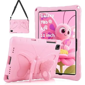 for Samsung Galaxy Tab A9 Plus 11 Inch Case Kids Girls for Samsung Tablet Cases with Butterfly Stand Shoulder Strap Cute Kawaii for Women Lightweight Design Case for Galaxy A9 +, Pink