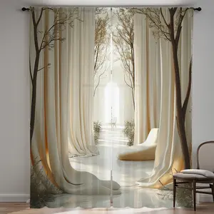 2 pieces beige transparent curtains Window Curtain with serene forest scene print - rod bag design for living room and bedroom, soft polyester microfiber, lightweight washable home decoration, 100-120g, living room curtains