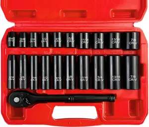 21pcs 3/8" Socket Set,Drive Impact Socket Set, SAE, Deep & Shallow, Cr-V Steel, 6 Point with Adapters, 72T Ratchet Handle, 5/16-7/8inch