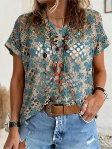 Spring/Summer style, V-neck diamond hollow-out loose batwing raglan short sleeve cover-up, contrast color floral print women's knitted top, vacation style, beach cover ups, bikini cover-up, swimsuit cover up, Swimwear Cover Up