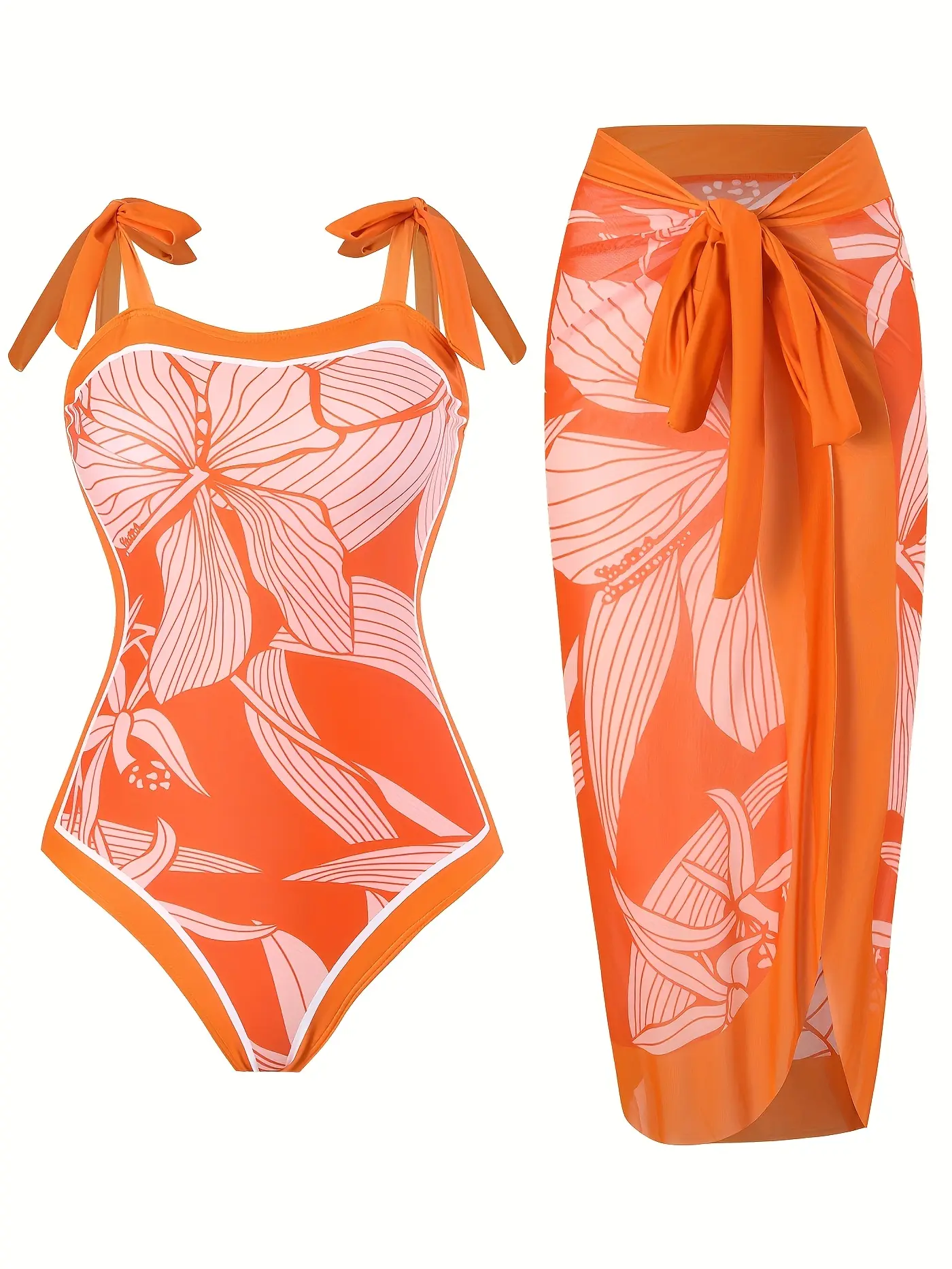 S-XL Plus Size 2 Piece Swimsuit Set, Tie Strap Floral One Piece Bathing Suit Matching Mesh Wrap Skirt